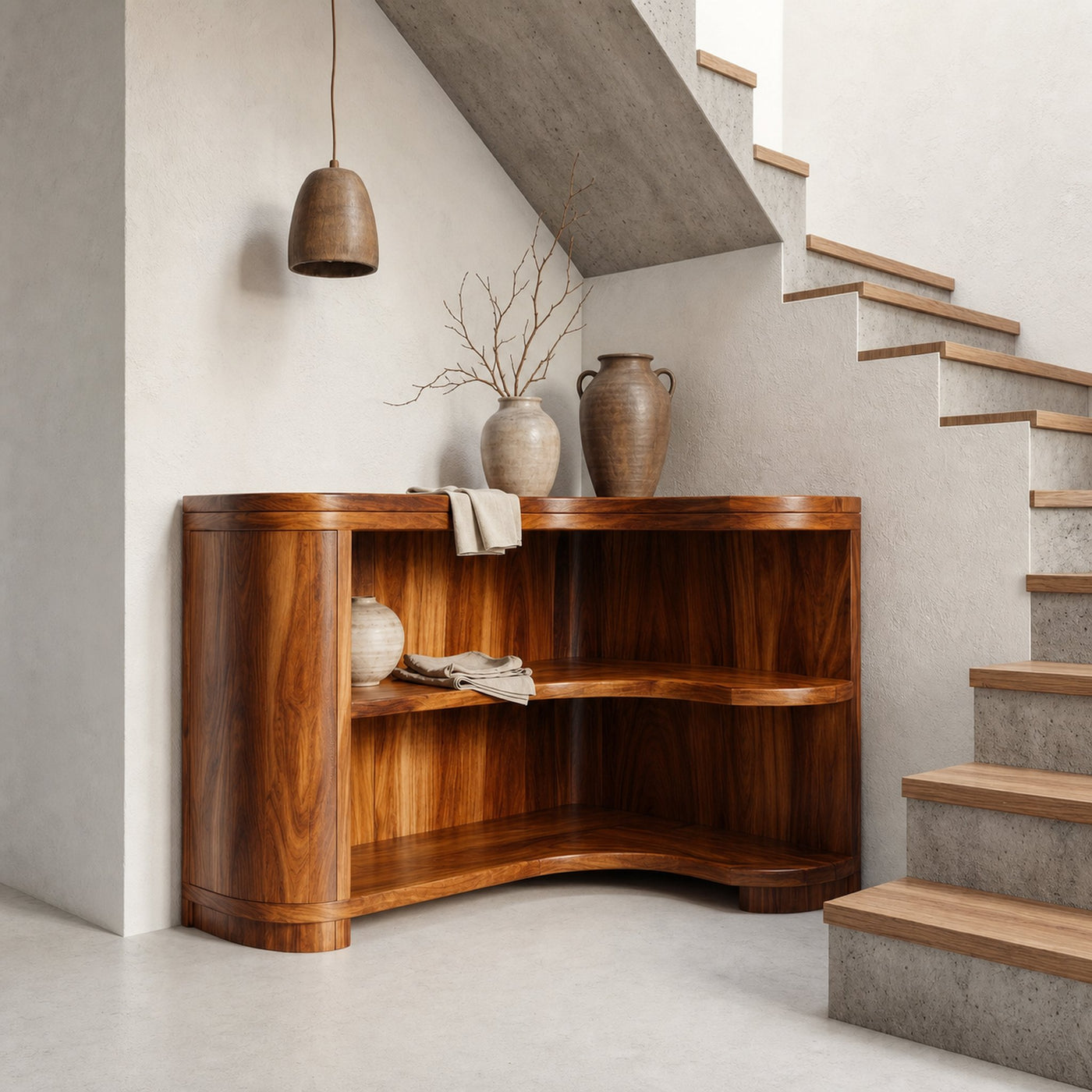 Modern Organic Corner Bookshelf With Solid Wood Open Shelves And Curved Design For Living Room And Bedroom