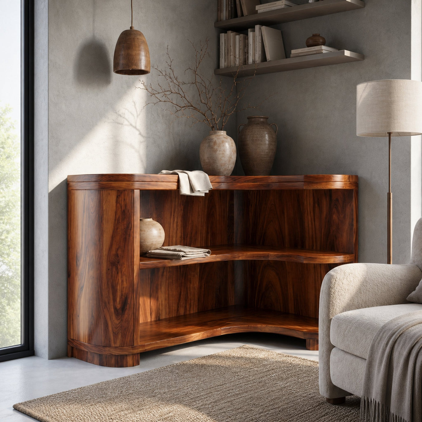 Modern Organic Corner Bookshelf With Solid Wood Open Shelves And Curved Design For Living Room And Bedroom - product view 6