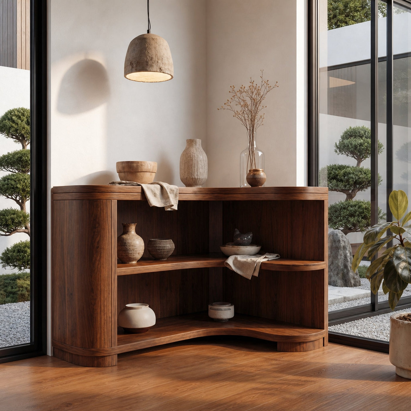 Modern Organic Corner Bookshelf With Solid Wood Open Shelves And Curved Design For Living Room And Bedroom - product view 7