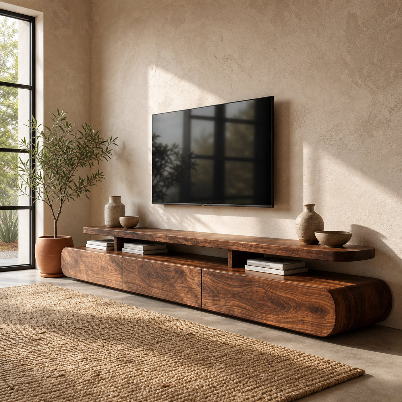 Modern Organic Natural Wood TV Stand For Living Room