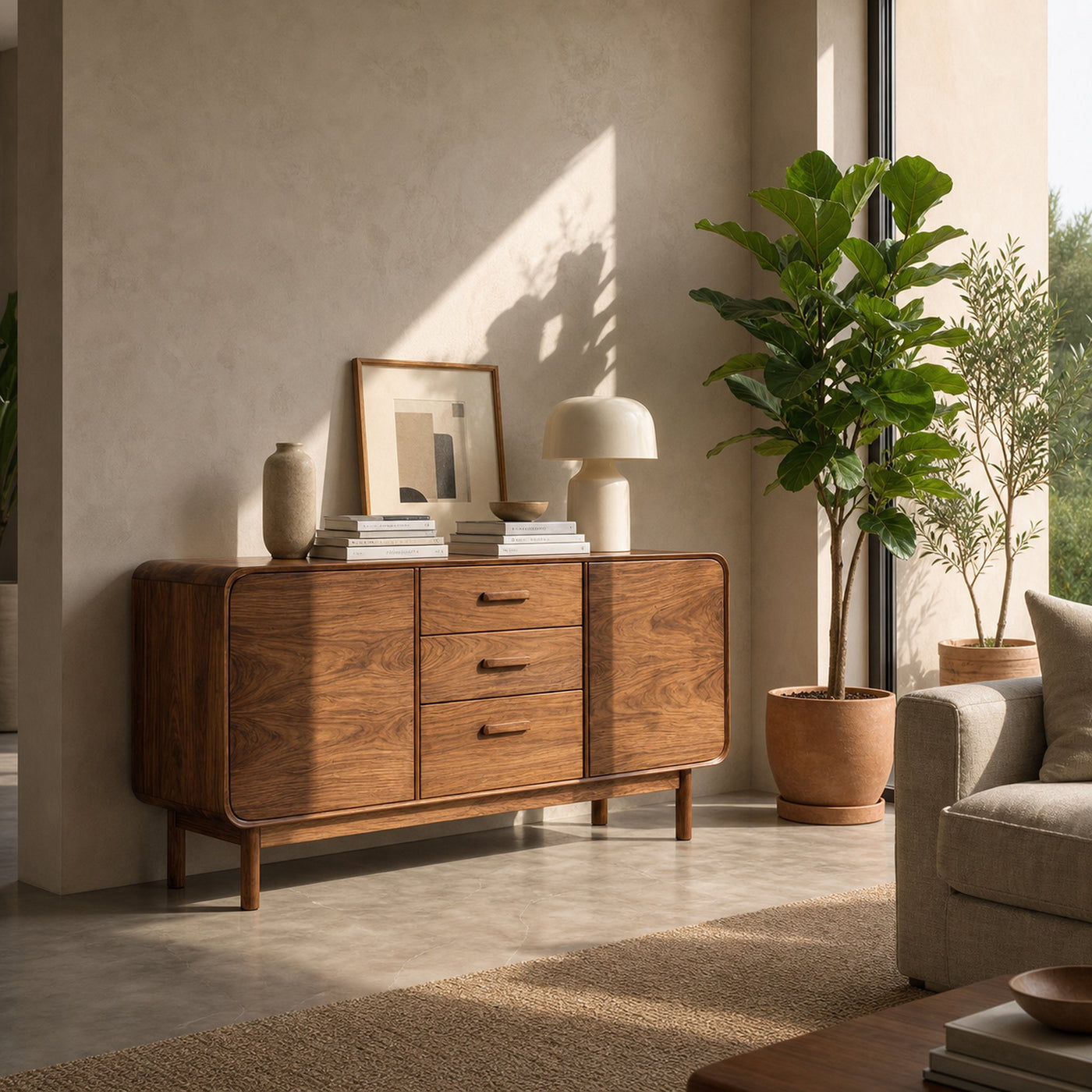 Modern Organic Sideboard With Center Drawers For Living Room