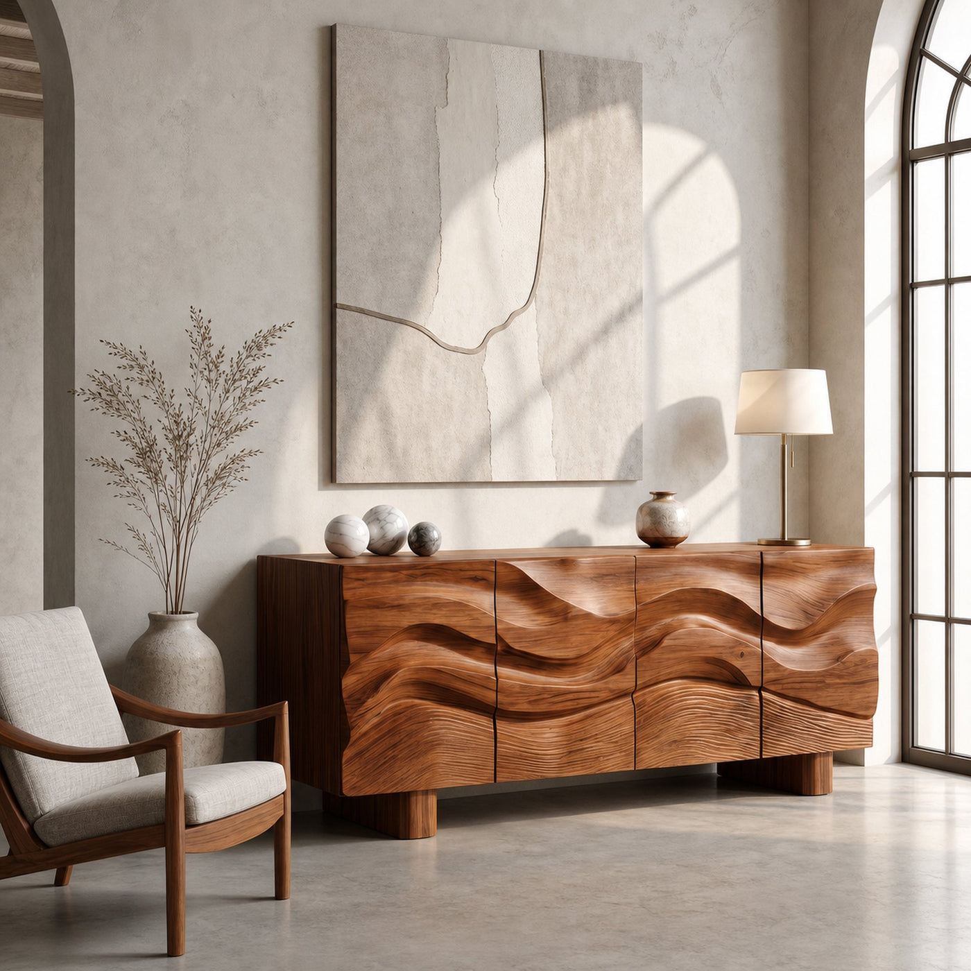 Modern Organic Sideboard With Wave Front Wood Doors For Living Room