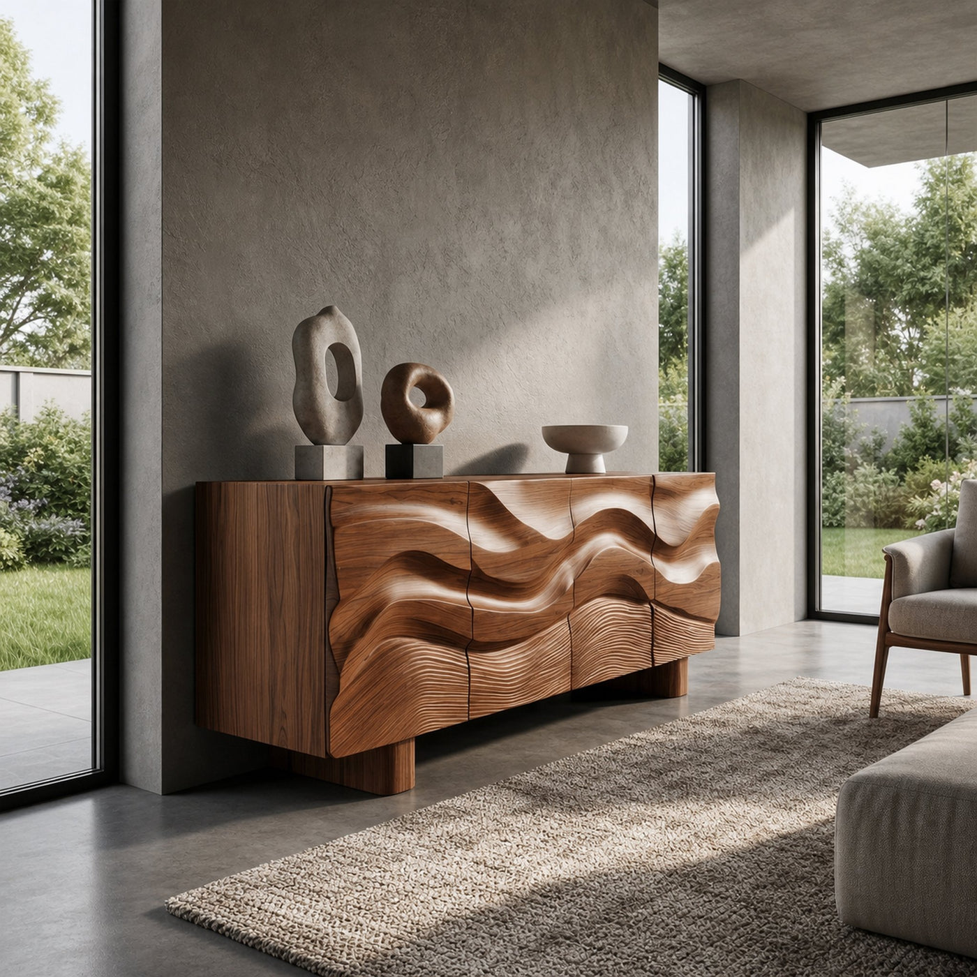 Modern Organic Sideboard With Wave Front Wood Doors For Living Room - product view 2