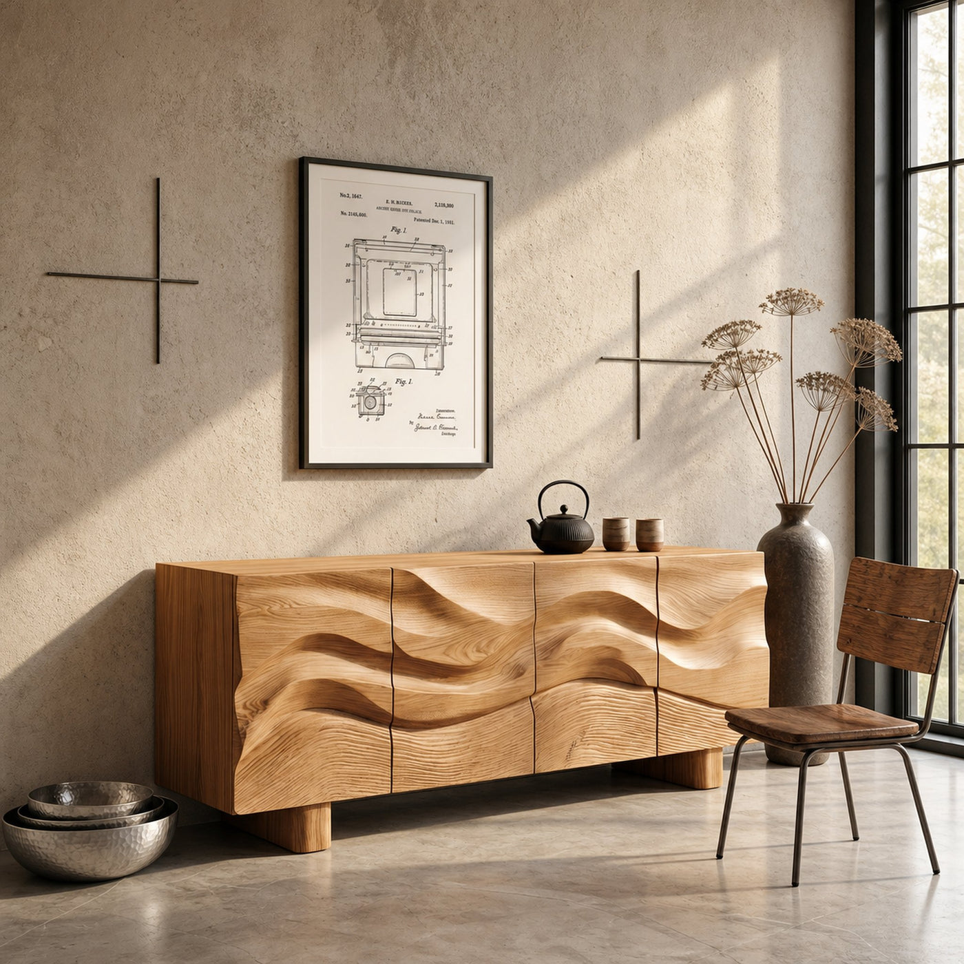 Modern Organic Sideboard With Wave Front Wood Doors For Living Room - product view 5