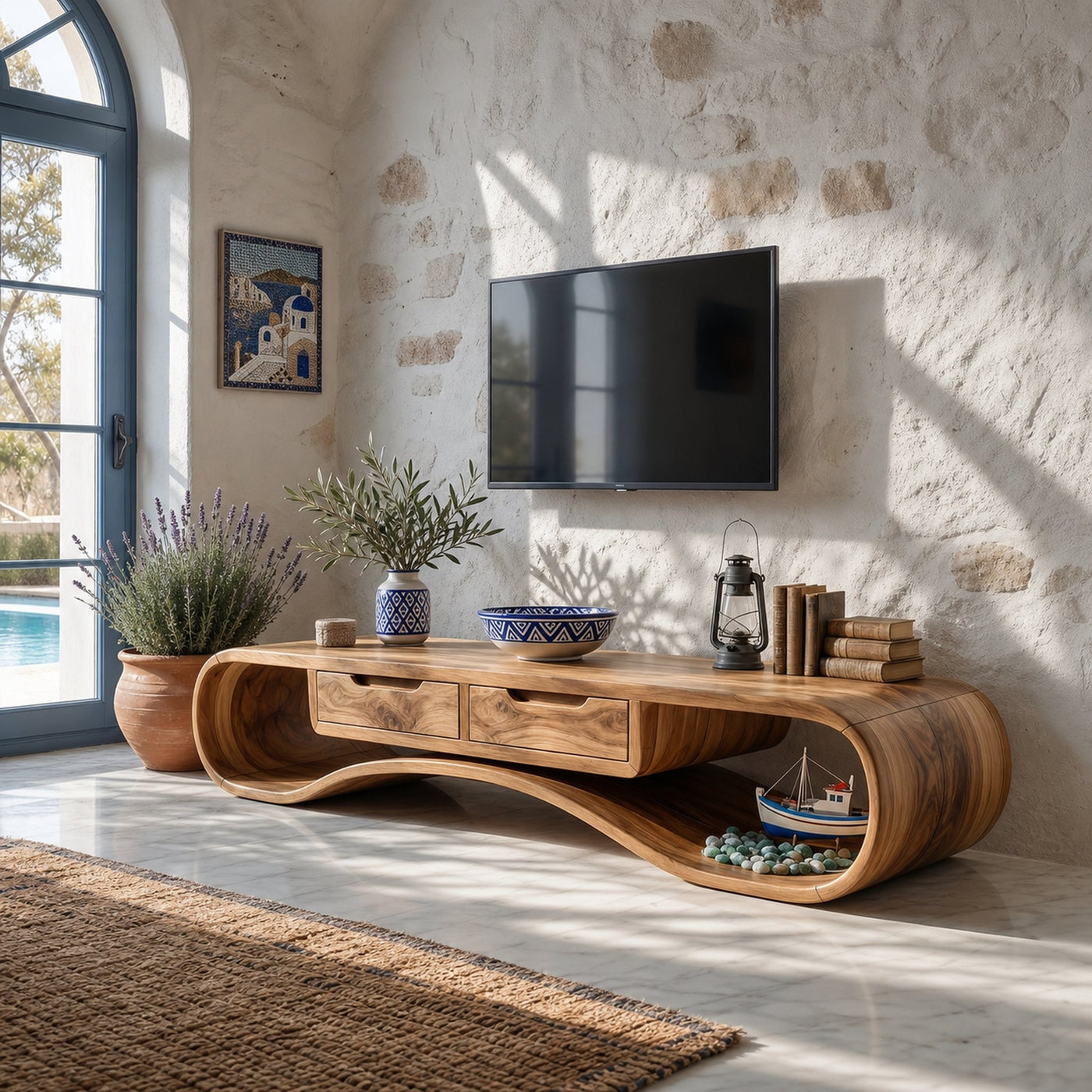 Modern Organic TV Cabinet For Glass Wall Pool House