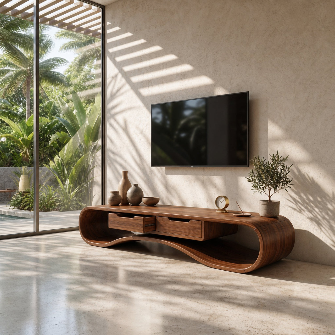 Modern Organic TV Cabinet For Glass Wall Pool House - product view 6