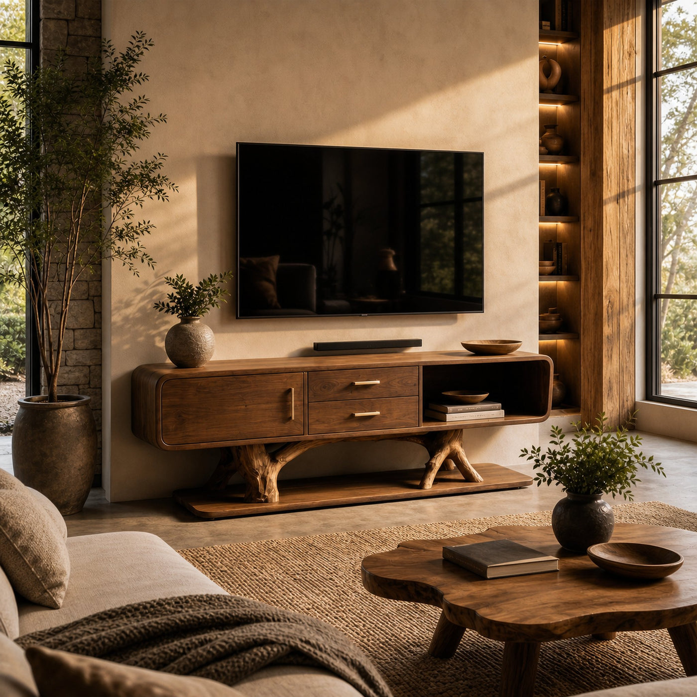 Modern Organic TV Cabinet With Built In Drawer Storage For Living Room
