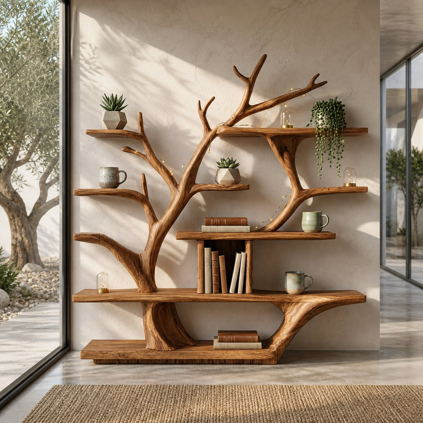 Modern Organic Tree Bookshelf Solid Wood Branch Design Living Room