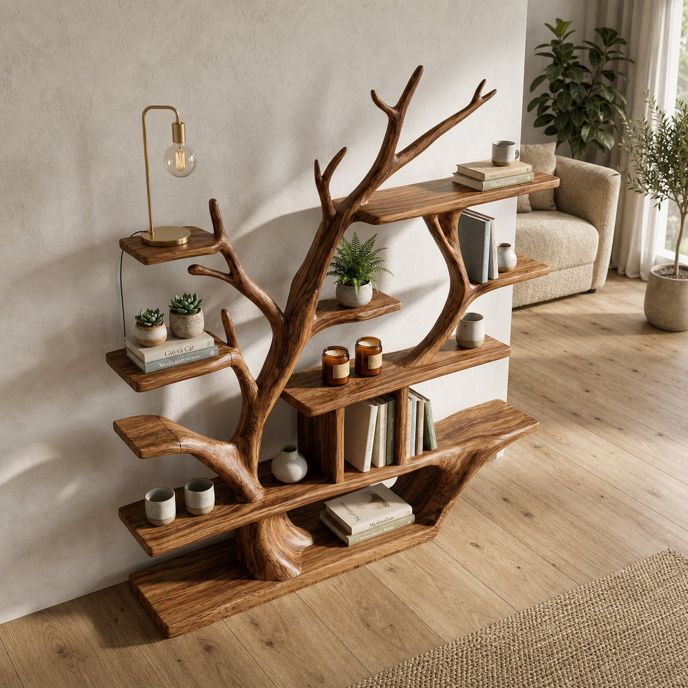 Modern Organic Tree Bookshelf Solid Wood Branch Design Living Room - product view 3