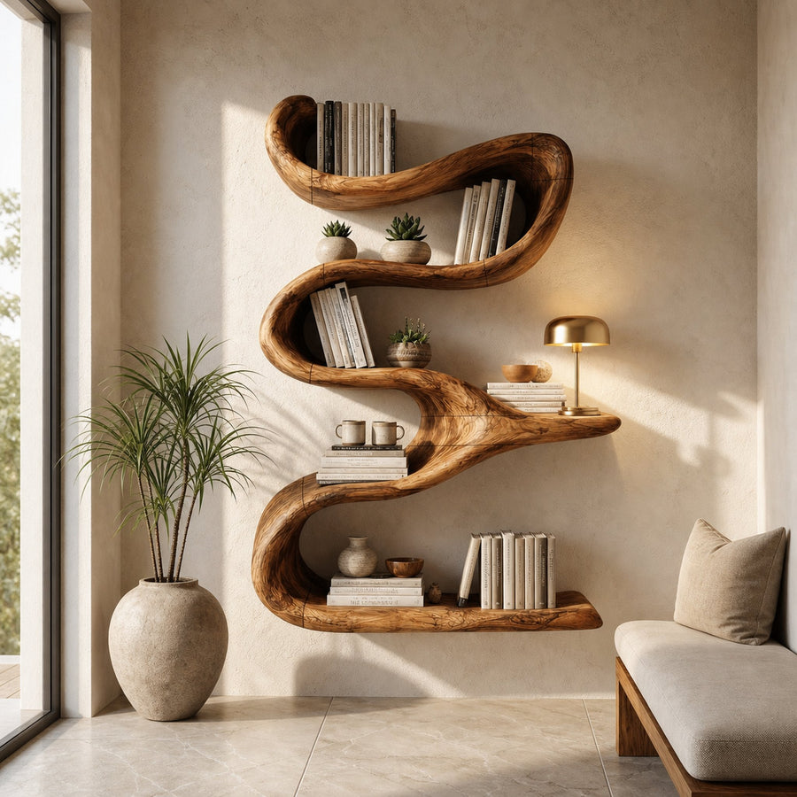 Modern Organic Wall Bookshelf Solid Wood Flowing Multi Tier Design Living Room