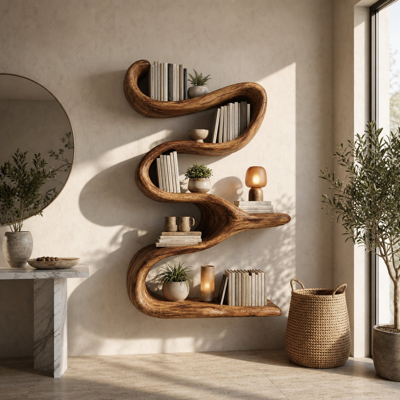 Modern Organic Wall Bookshelf Solid Wood Flowing Multi Tier Design Living Room - product view 6
