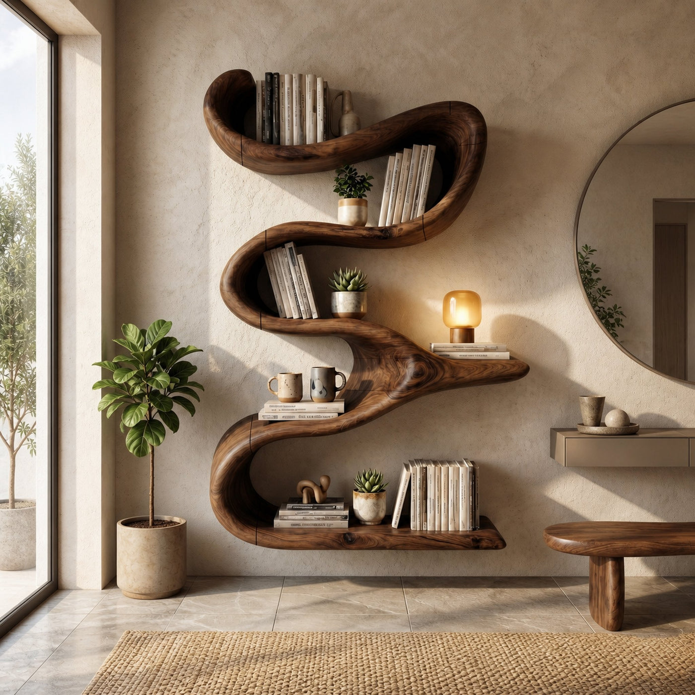 Modern Organic Wall Bookshelf Solid Wood Flowing Multi Tier Design Living Room - product view 7