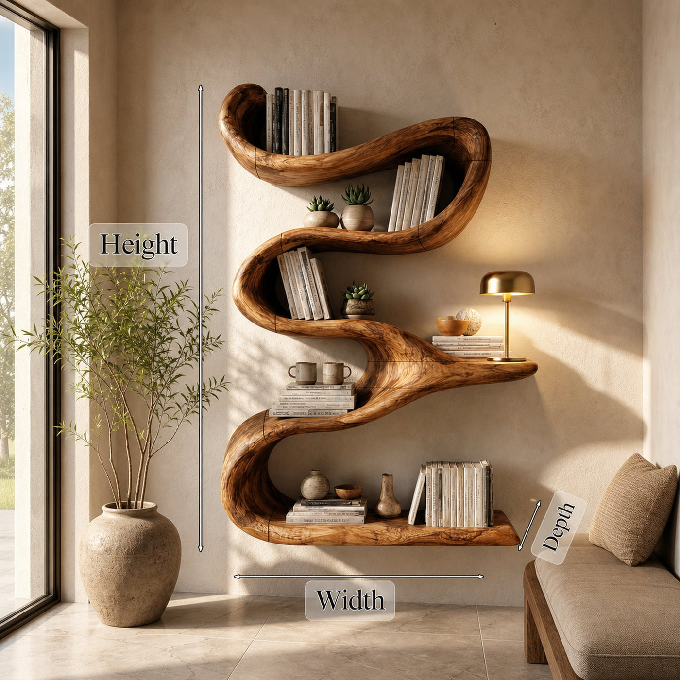 Modern Organic Wall Bookshelf Solid Wood Flowing Multi Tier Design Living Room - product view 8