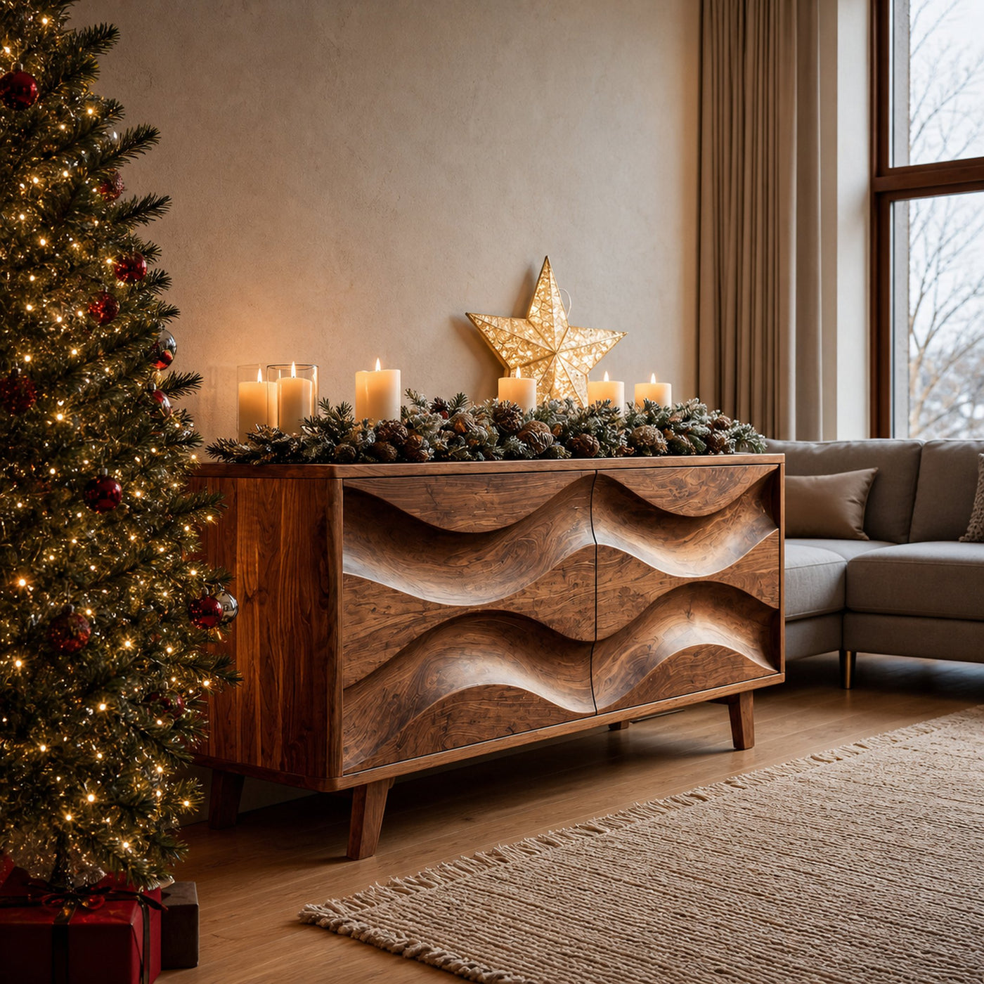 Modern Organic Wave Pattern Sideboard For Holiday Decor