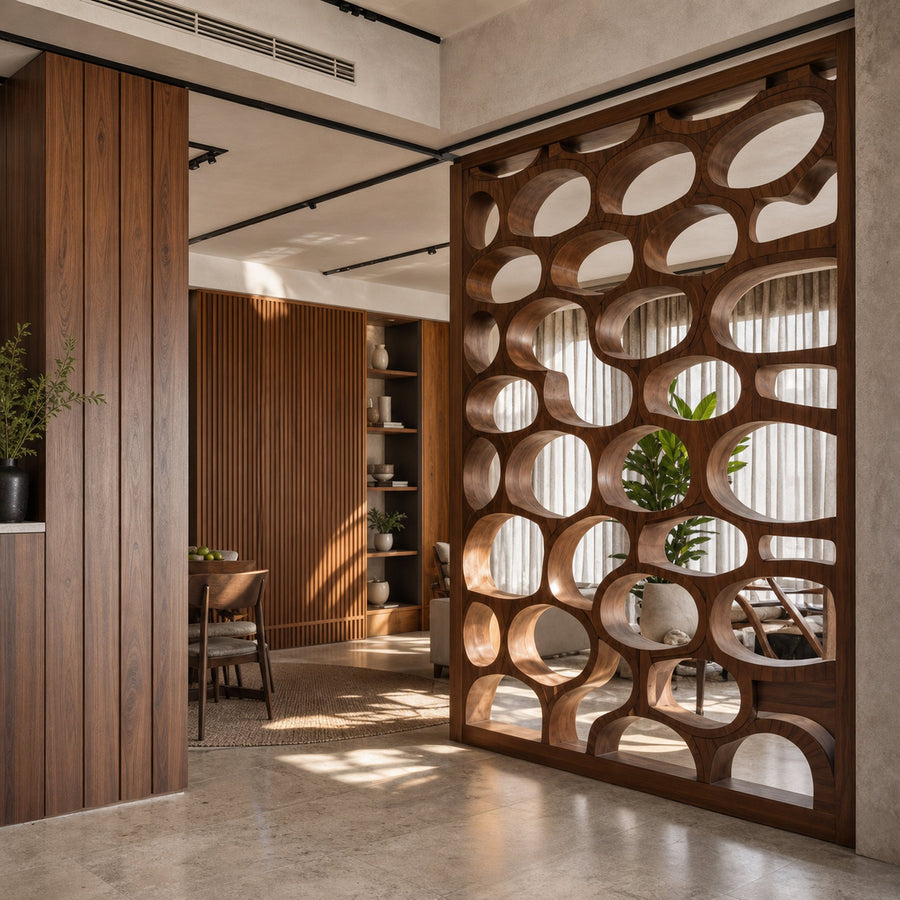Modern Organic Wood Room Divider For Living And Dining With Sculptural Cutouts