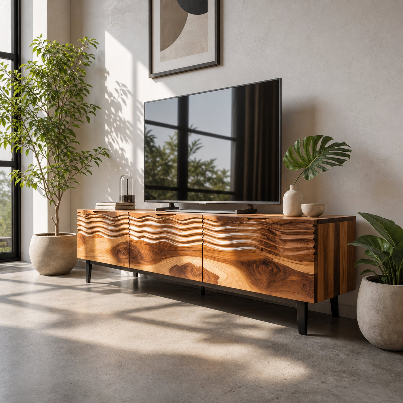 Modern Organic Wooden Sideboard Wave Front Design For Living Room