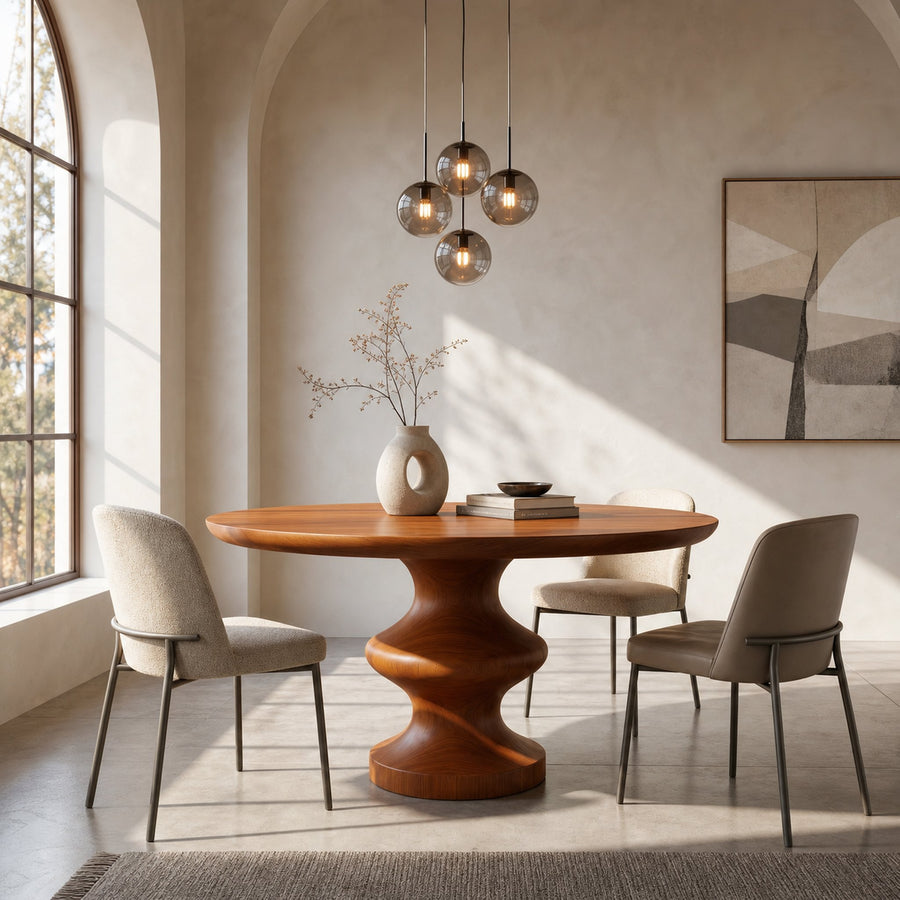 Modern Pedestal Dining Table With Sculptural Solid Wood Base For Dining Room