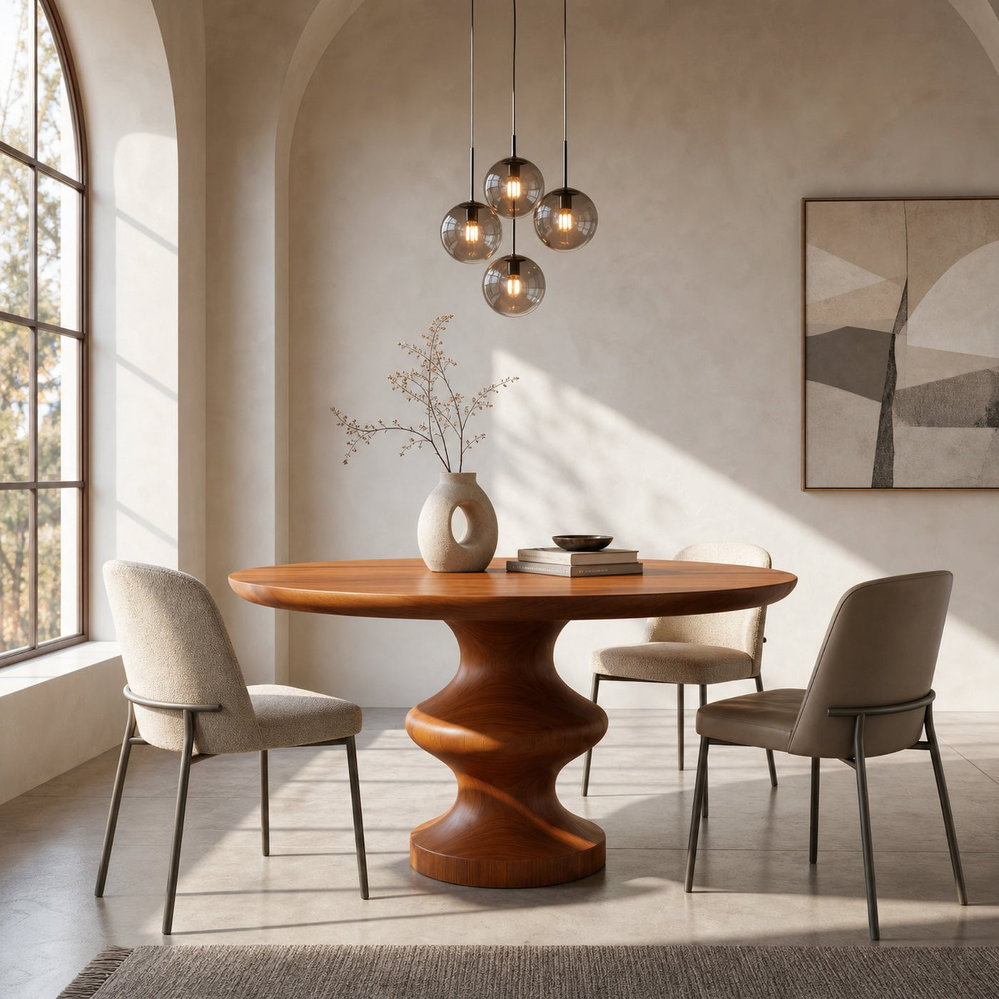 Modern Pedestal Dining Table With Sculptural Solid Wood Base For Dining Room
