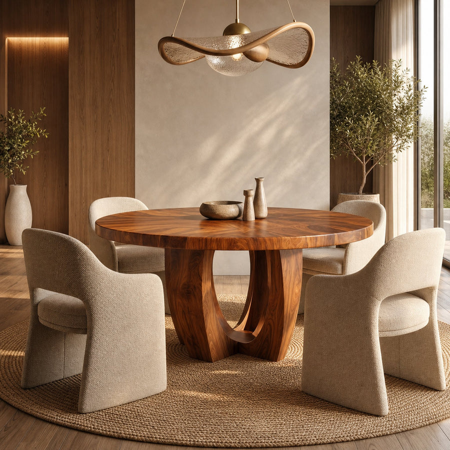 Modern Round Dining Table With Sculptural Wood Base For Dining Room
