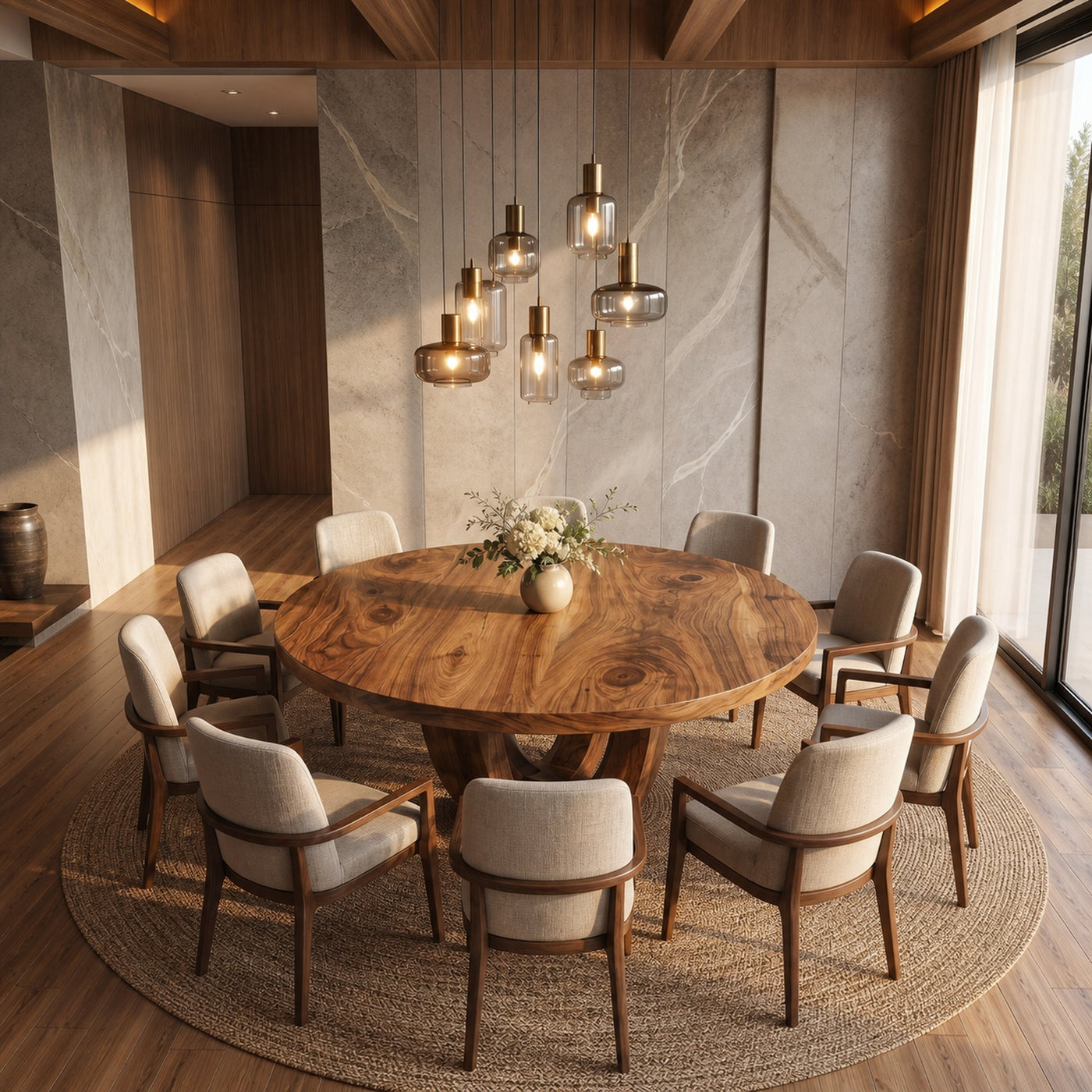 Modern Round Dining Table With Sculptural Wood Base For Dining Room - product view 2