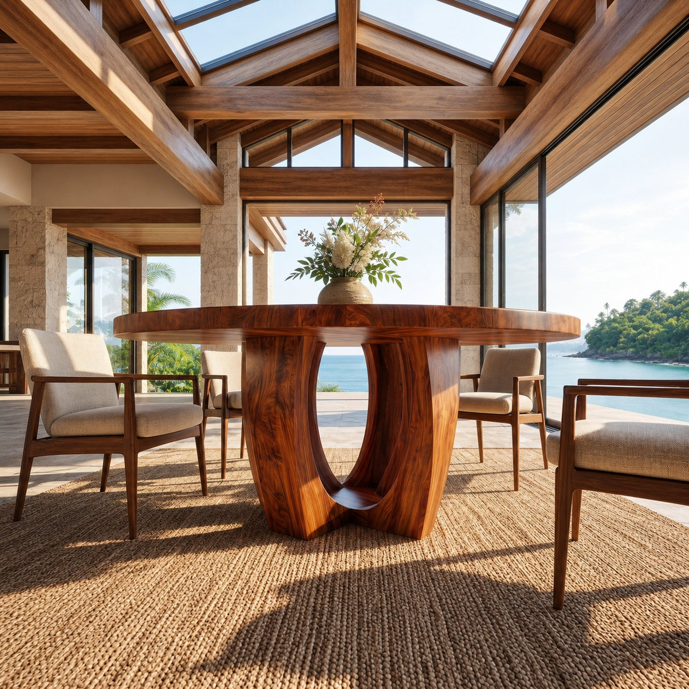 Modern Round Dining Table With Sculptural Wood Base For Dining Room - product view 3