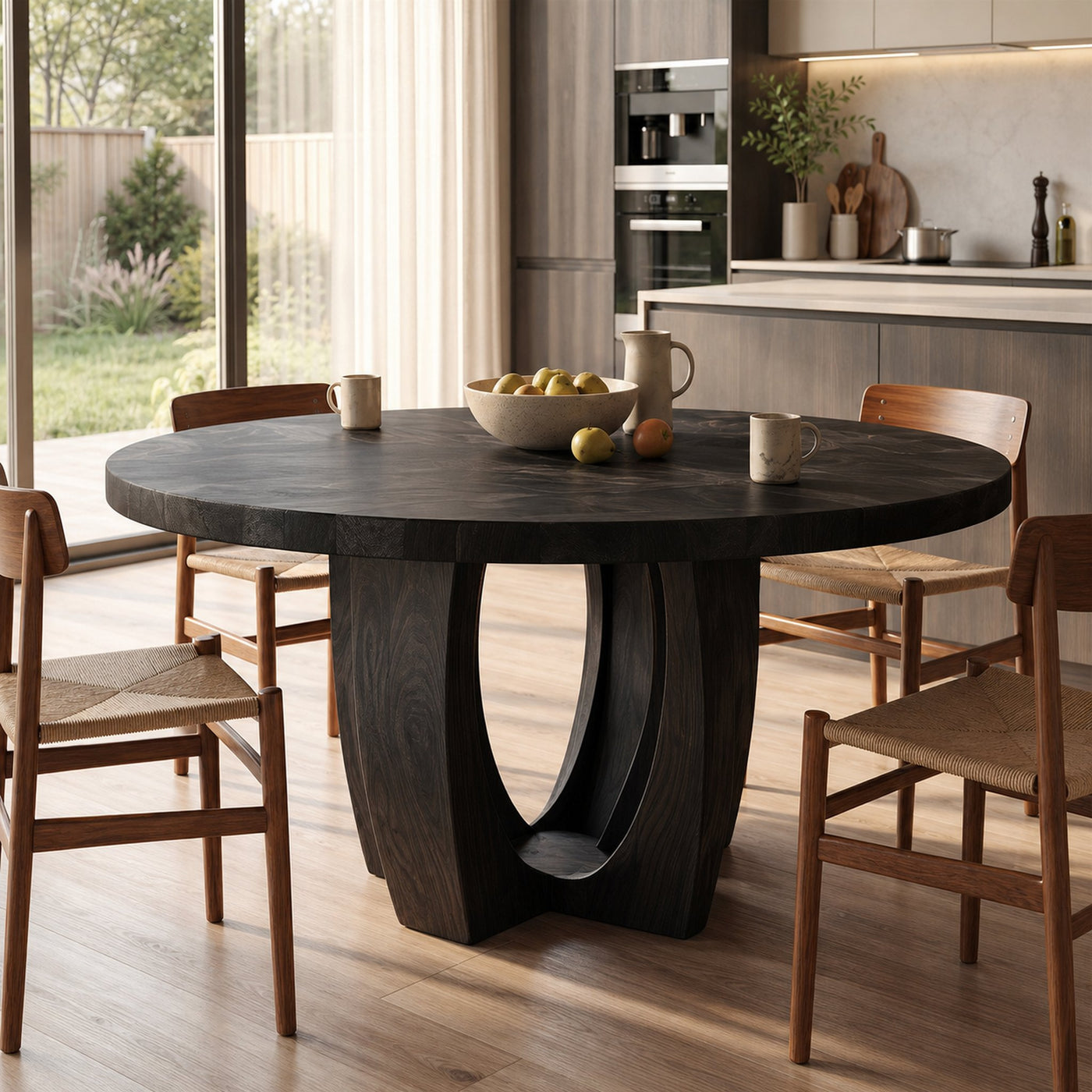 Modern Round Dining Table With Sculptural Wood Base For Dining Room - product view 4