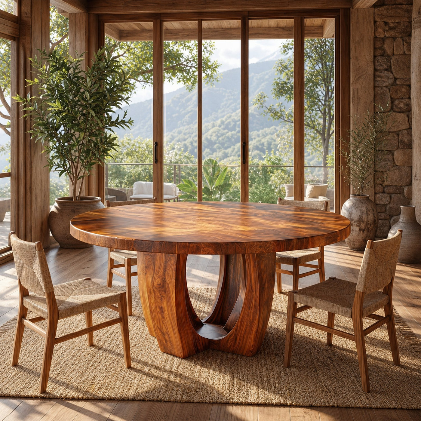 Modern Round Dining Table With Sculptural Wood Base For Dining Room - product view 6
