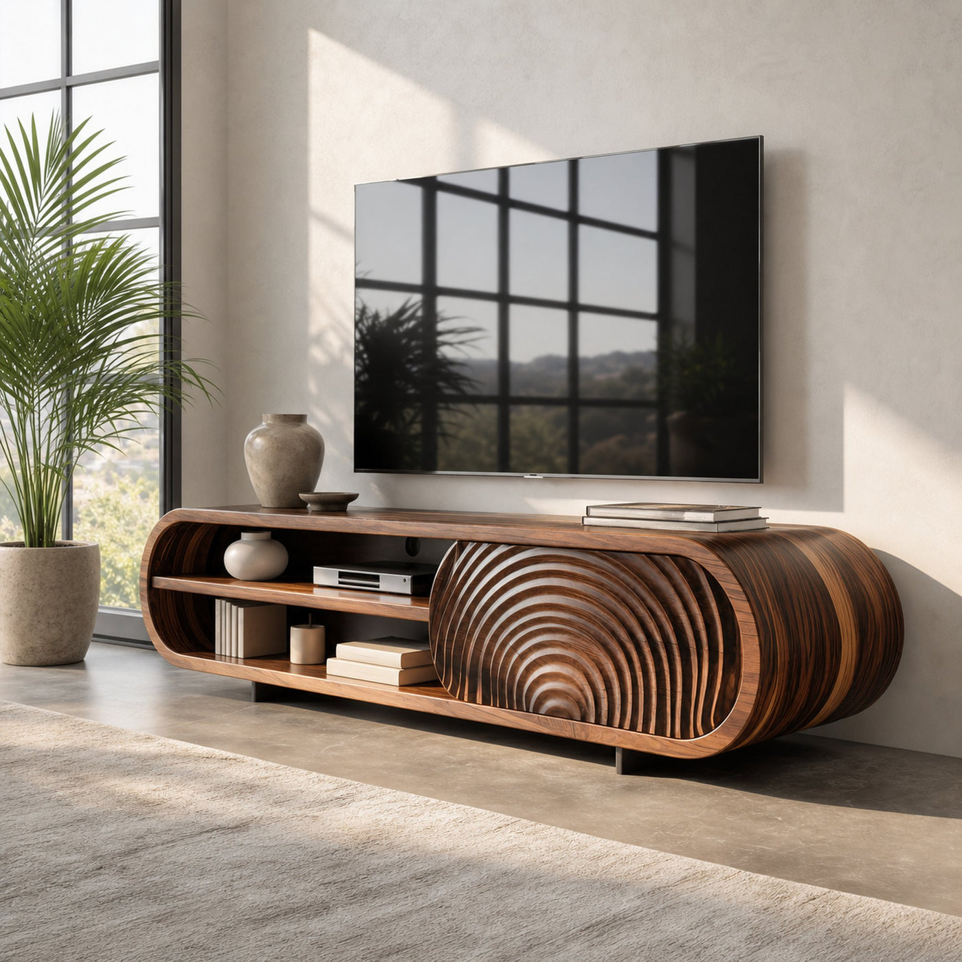 Modern Rounded Wood TV Stand With Sculpted Doors For Living Room
