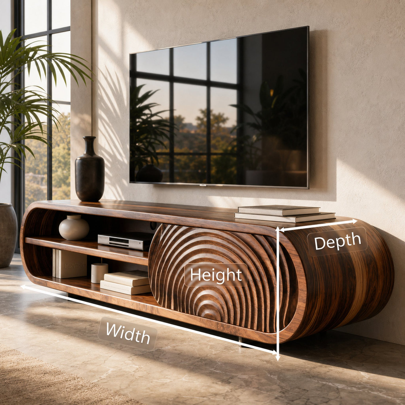 Modern Rounded Wood TV Stand With Sculpted Doors For Living Room - product view 7