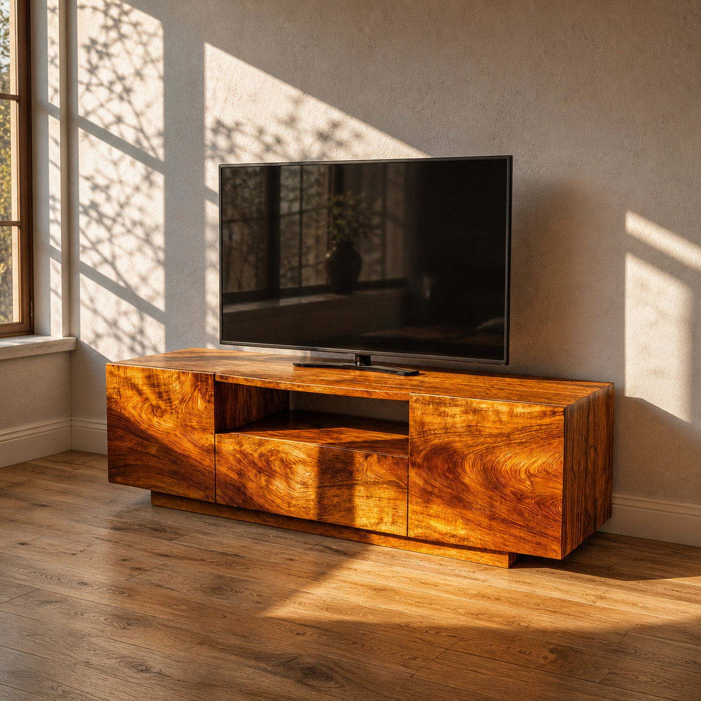 Modern Rustic TV Cabinet Solid Wood Low Profile Block Design Living Room