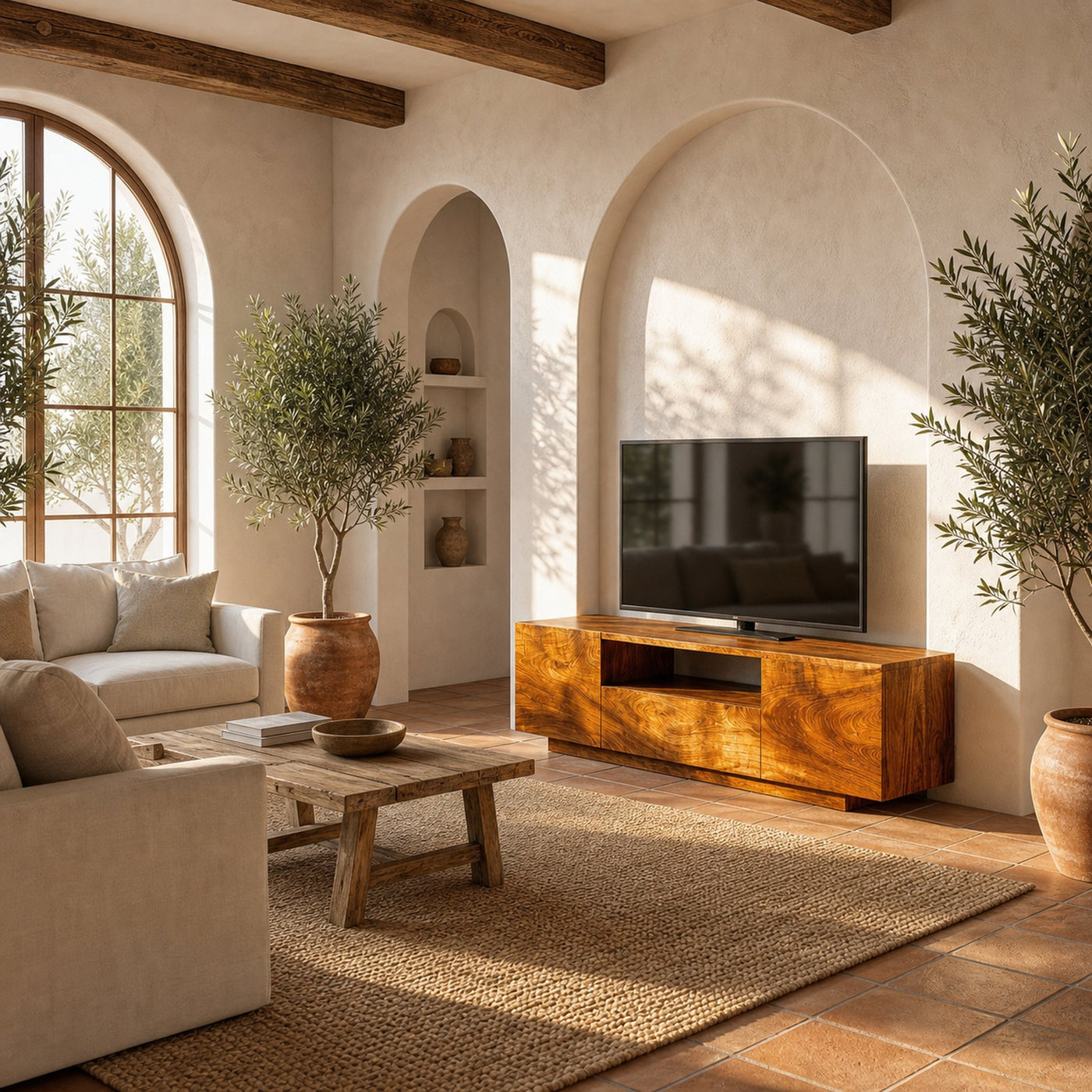 Modern Rustic TV Cabinet Solid Wood Low Profile Block Design Living Room - product view 6