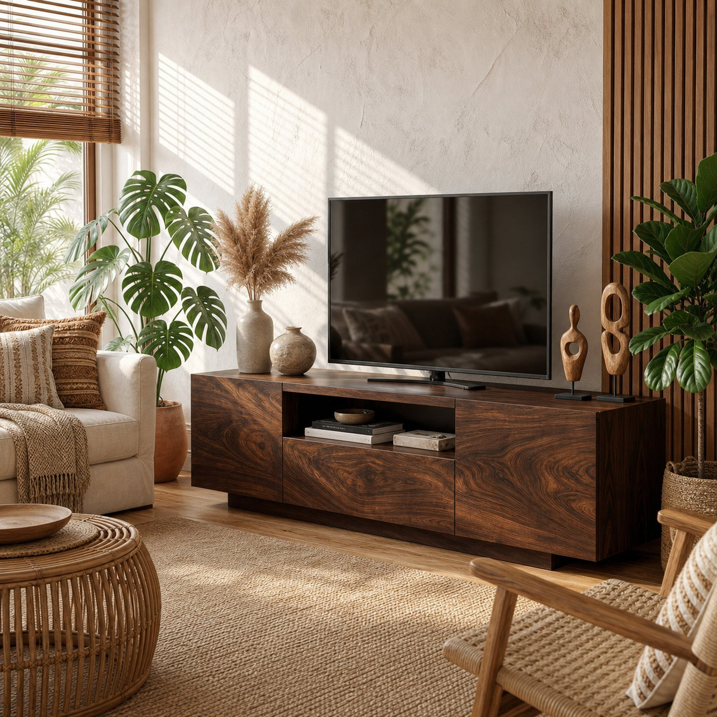 Modern Rustic TV Cabinet Solid Wood Low Profile Block Design Living Room - product view 7