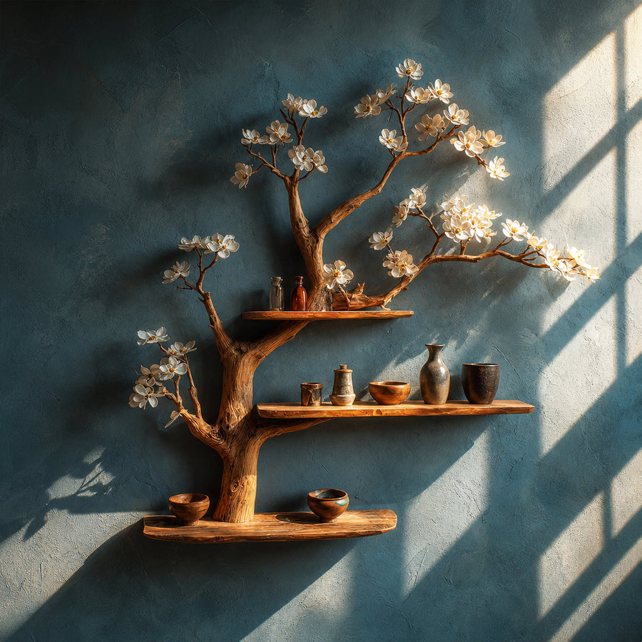 Modern Rustic Tree Shelf Solid Wood Wall Display Home Decor