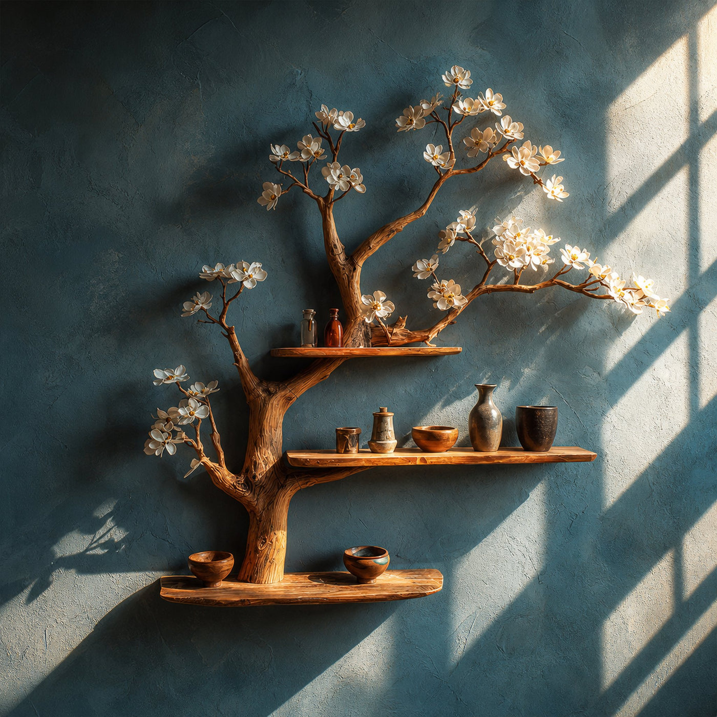 Modern Rustic Tree Shelf Solid Wood Wall Display Home Decor