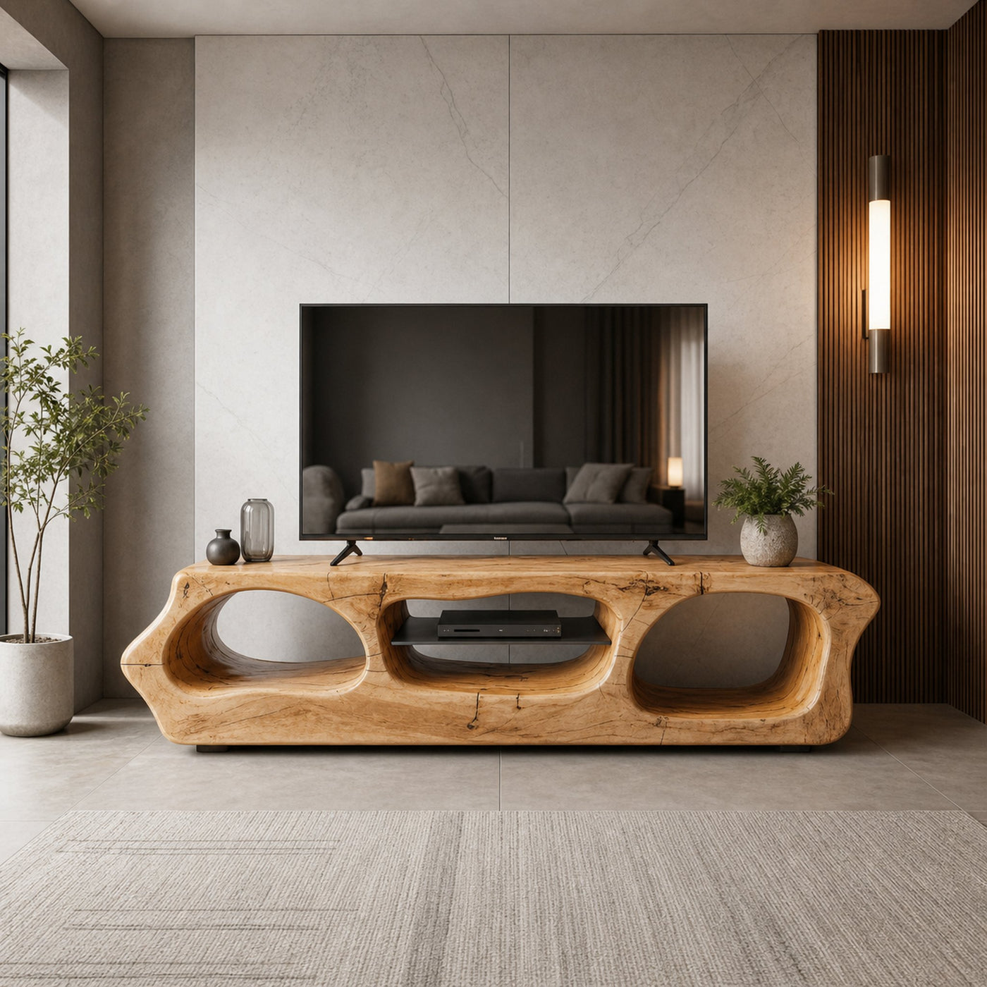 Modern Sculpted Solid Wood TV Stand With Organic Openings For Living Room