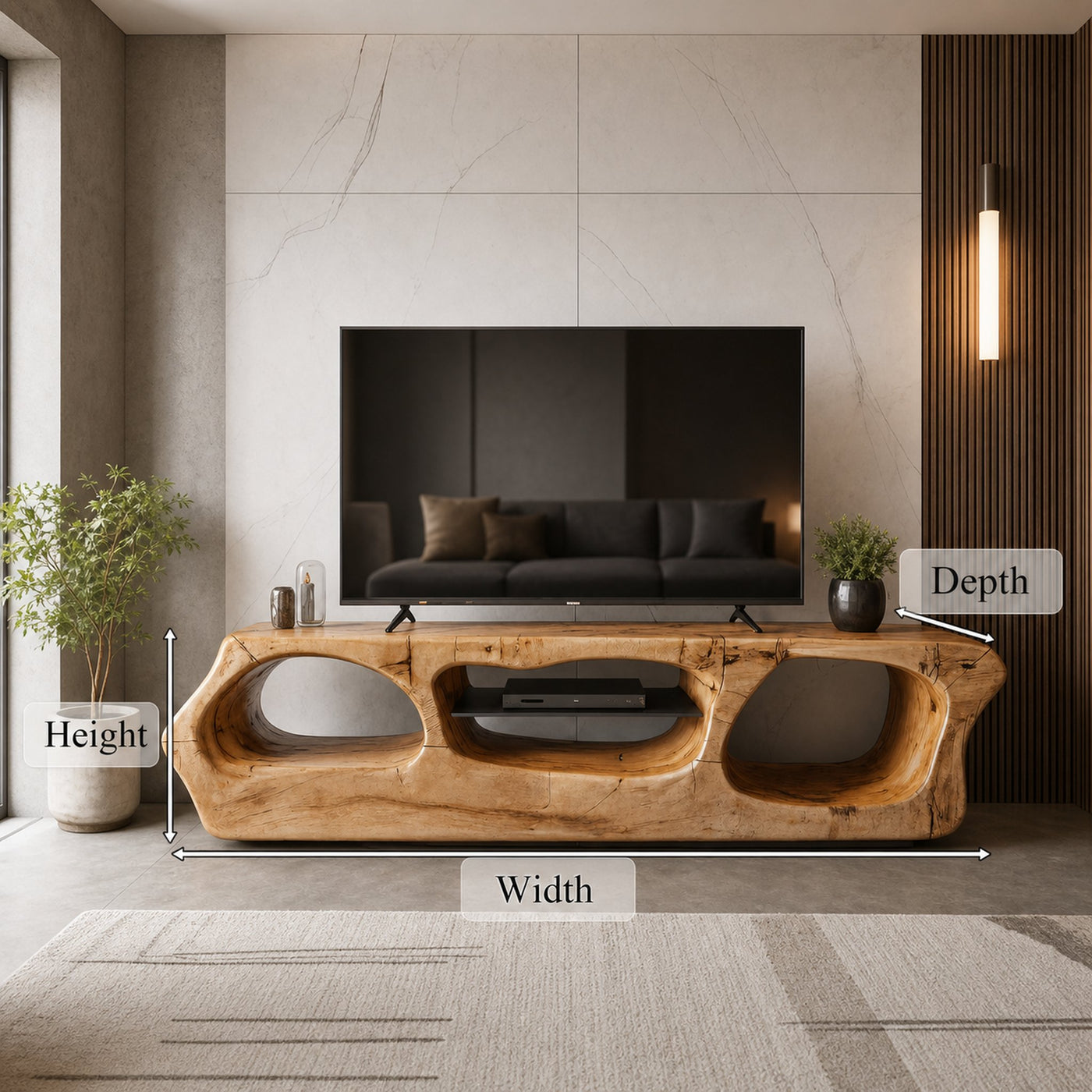 Modern Sculpted Solid Wood TV Stand With Organic Openings For Living Room - product view 7