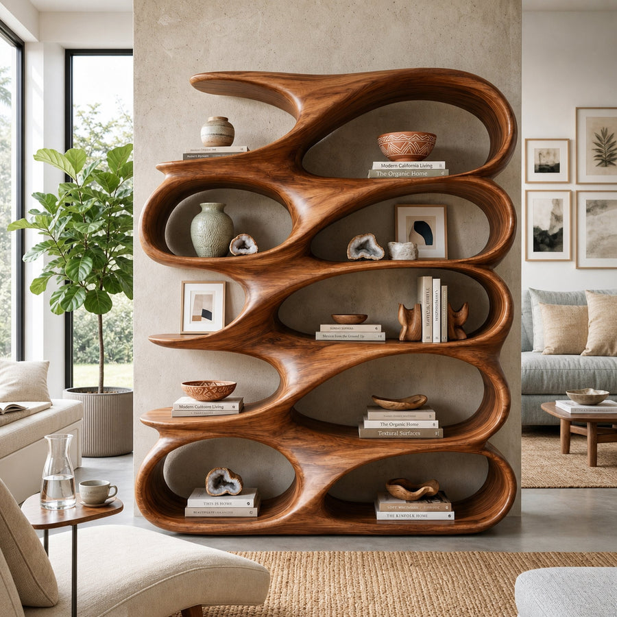 Modern Sculptural Bookshelf With Carved Flowing Shelves For Home