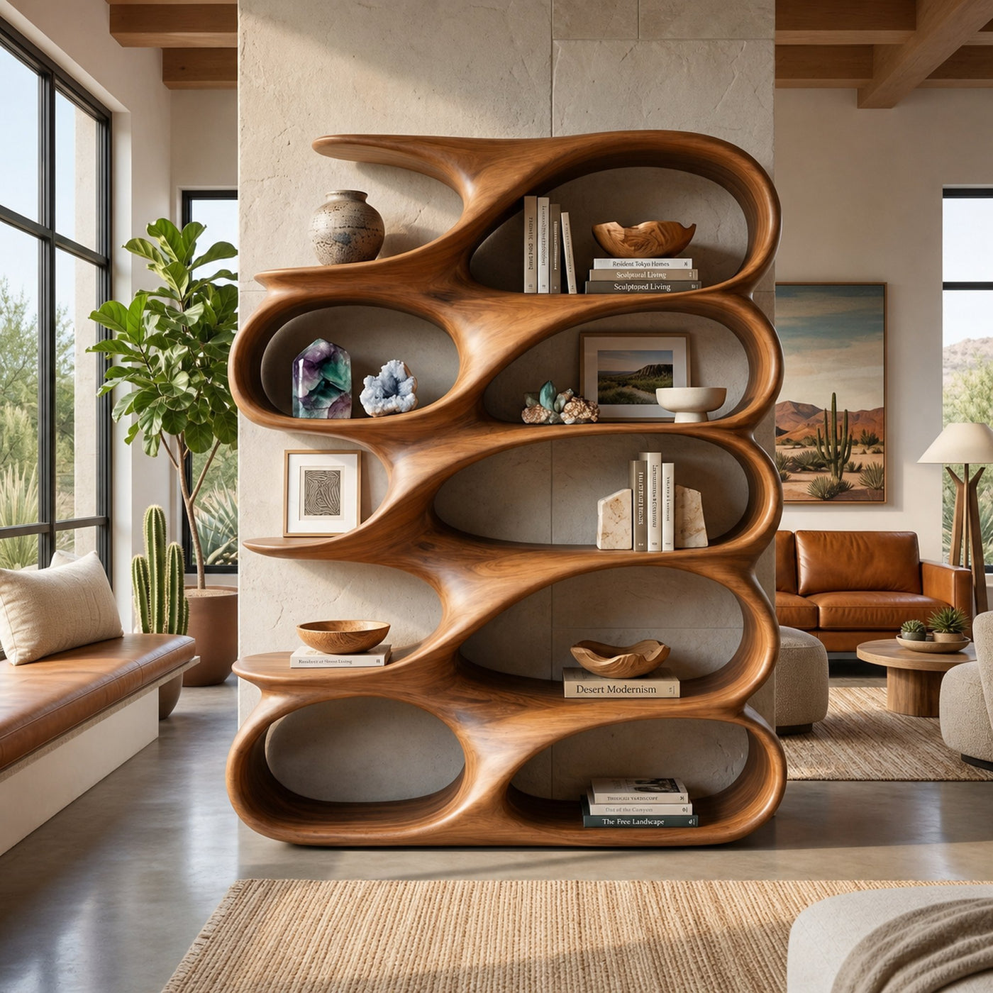 Modern Sculptural Bookshelf With Carved Flowing Shelves For Home - product view 6