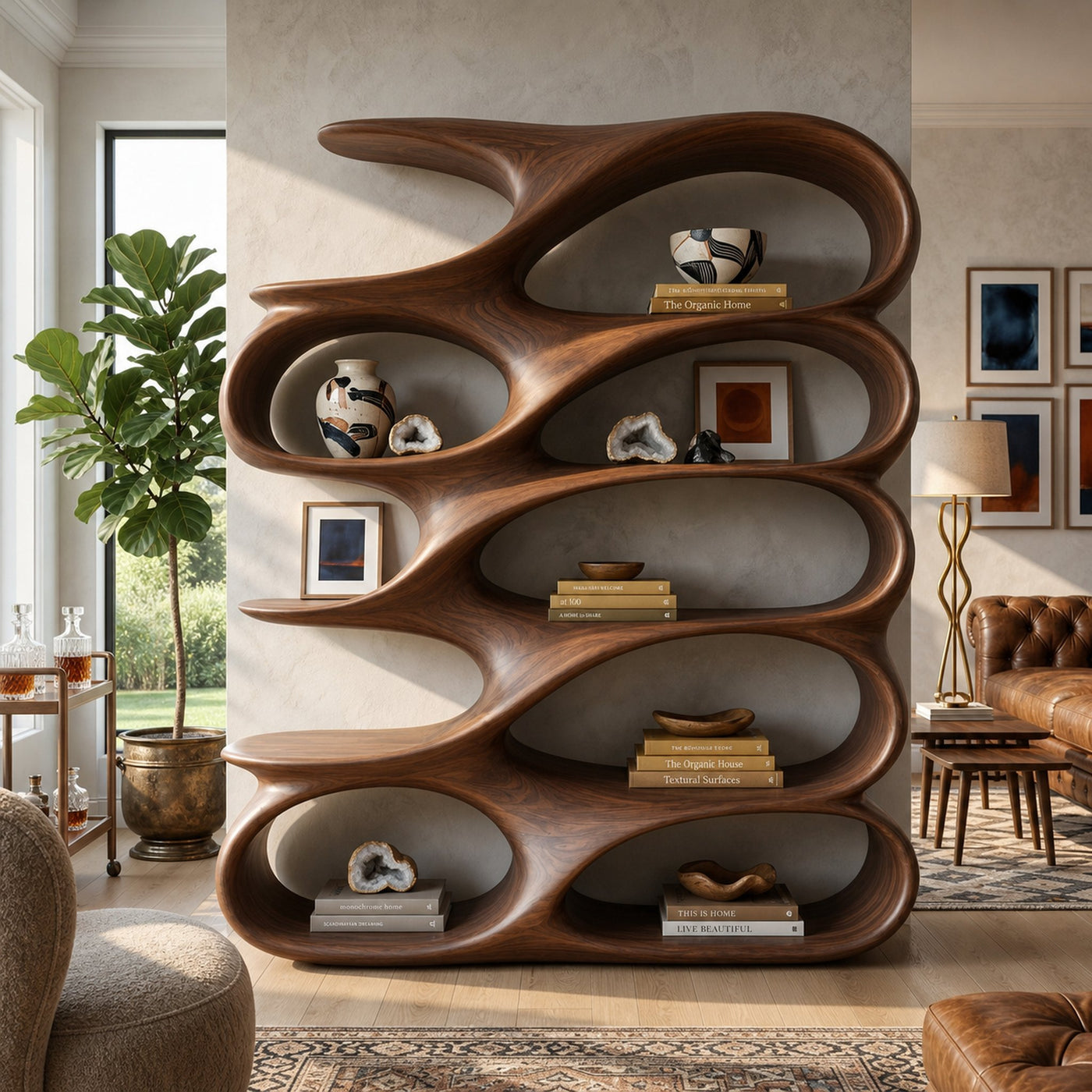 Modern Sculptural Bookshelf With Carved Flowing Shelves For Home - product view 7