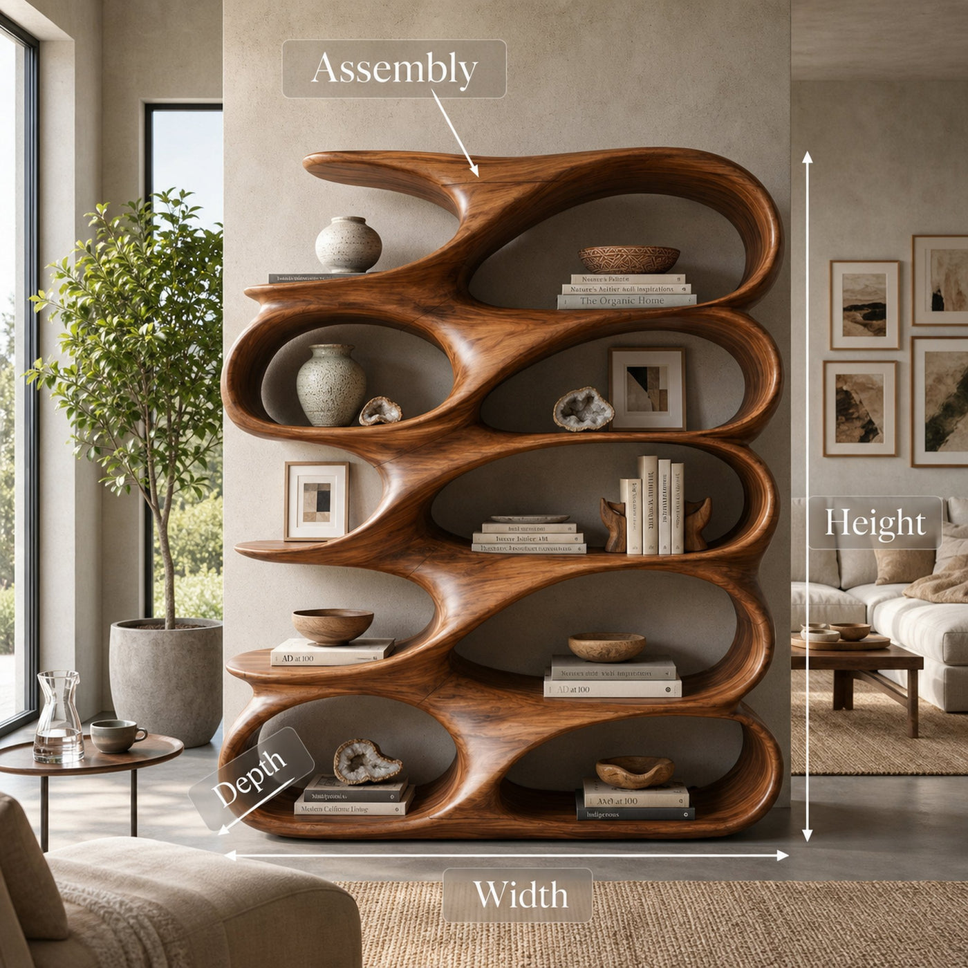 Modern Sculptural Bookshelf With Carved Flowing Shelves For Home - product view 8