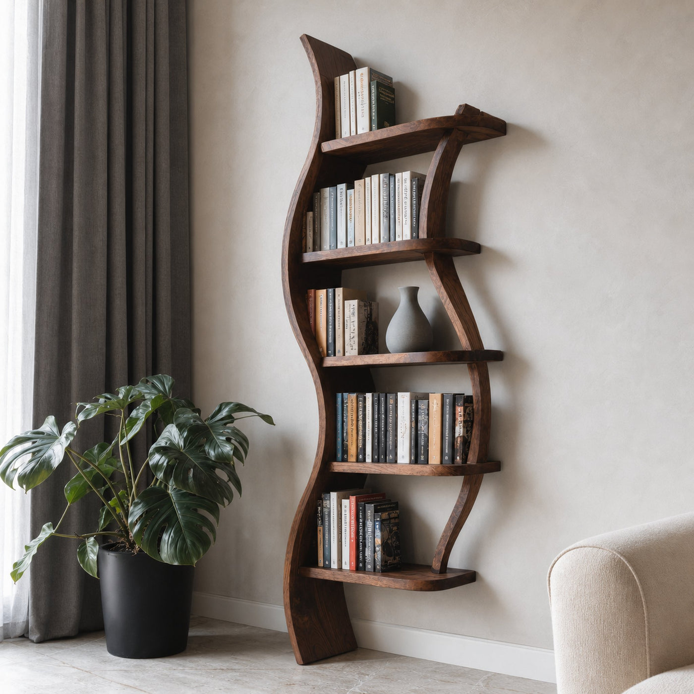 Modern Sculptural Bookshelf With Curved Design For Living Room