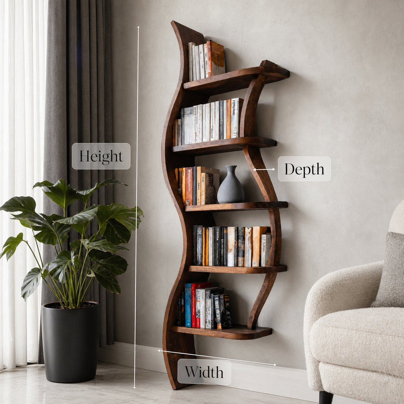 Modern Sculptural Bookshelf With Curved Design For Living Room - product view 6