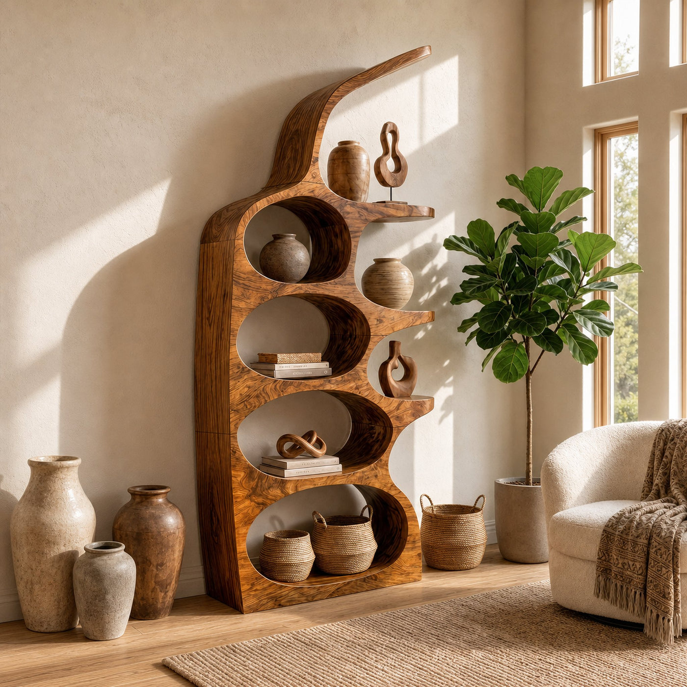 Modern Sculptural Bookshelf With Curved Open Shelves And Solid Wood Design For Living Room