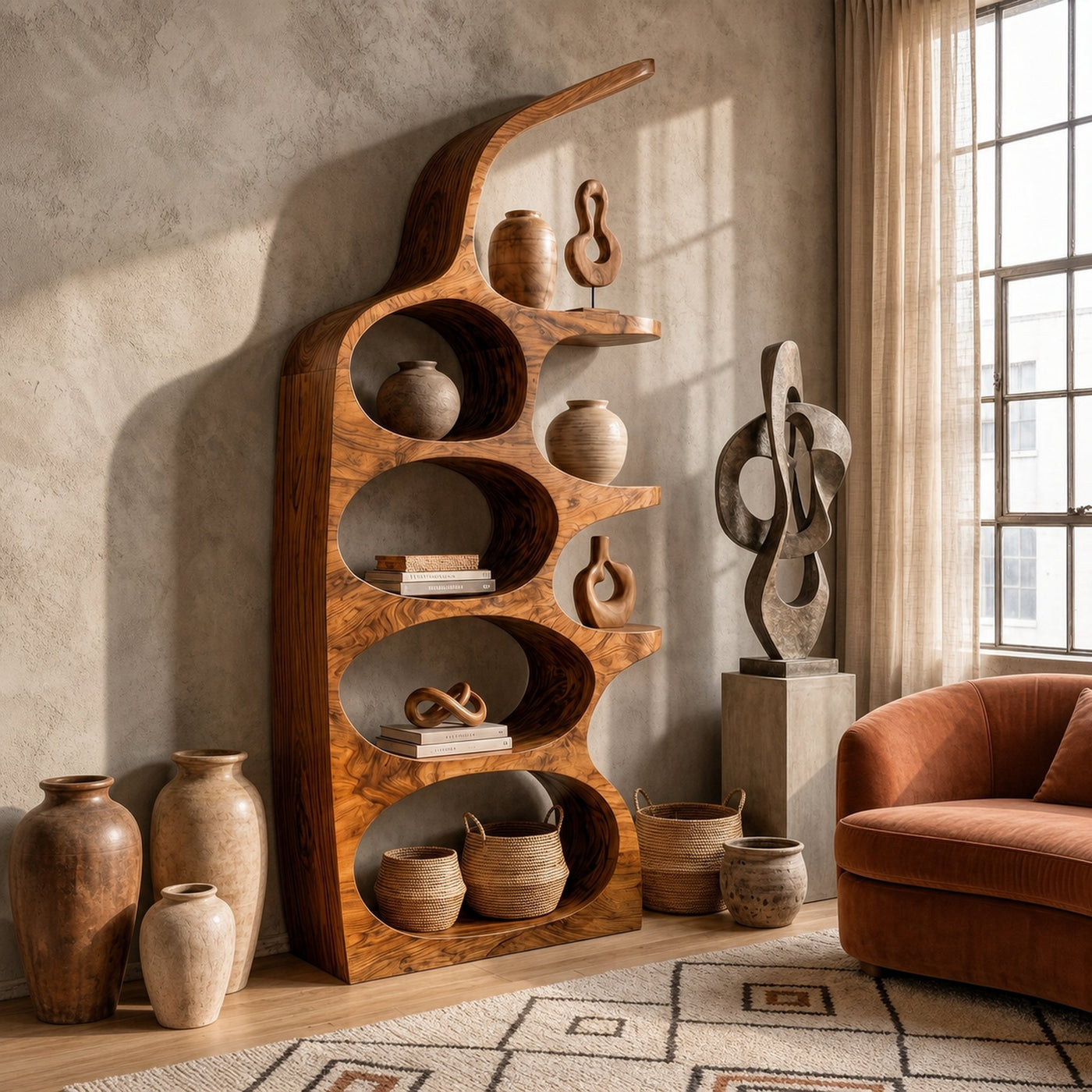 Modern Sculptural Bookshelf With Curved Open Shelves And Solid Wood Design For Living Room - product view 6