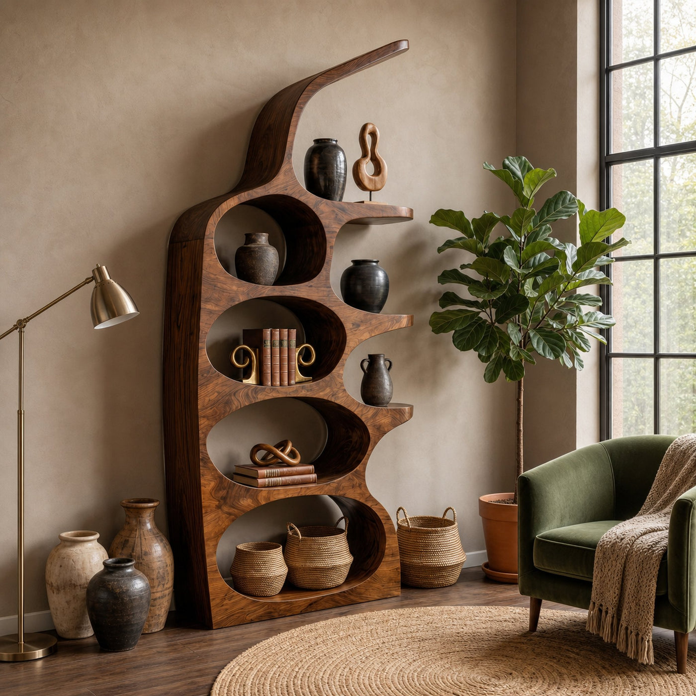 Modern Sculptural Bookshelf With Curved Open Shelves And Solid Wood Design For Living Room - product view 7