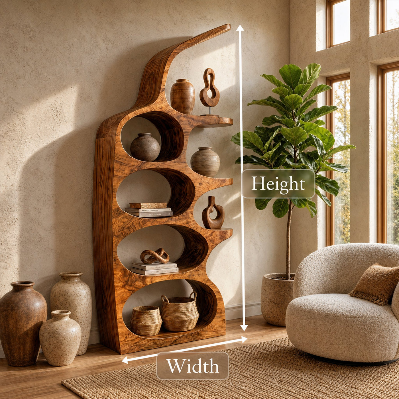Modern Sculptural Bookshelf With Curved Open Shelves And Solid Wood Design For Living Room - product view 8