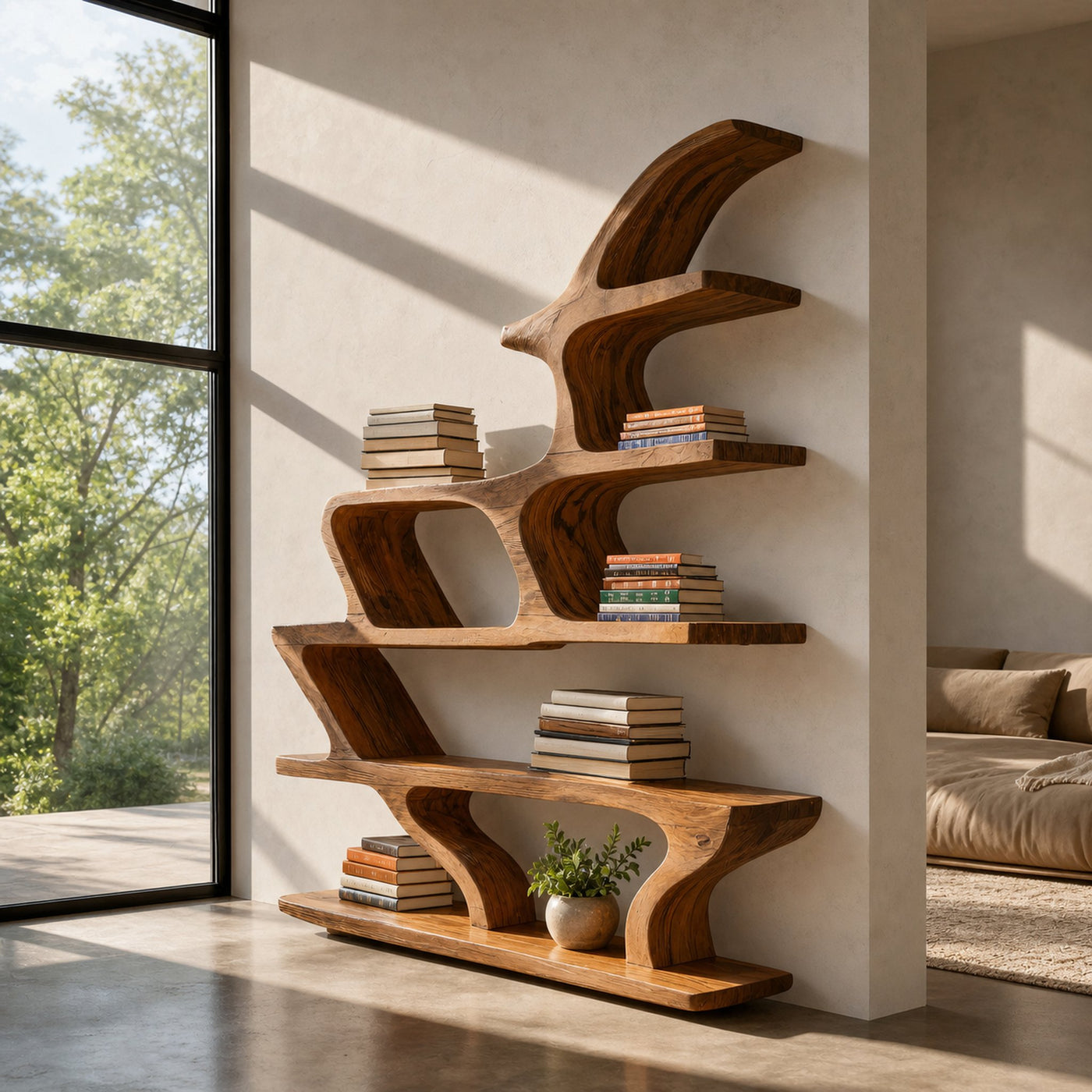 Modern Sculptural Bookshelf With Fluid Shelving For Living Room