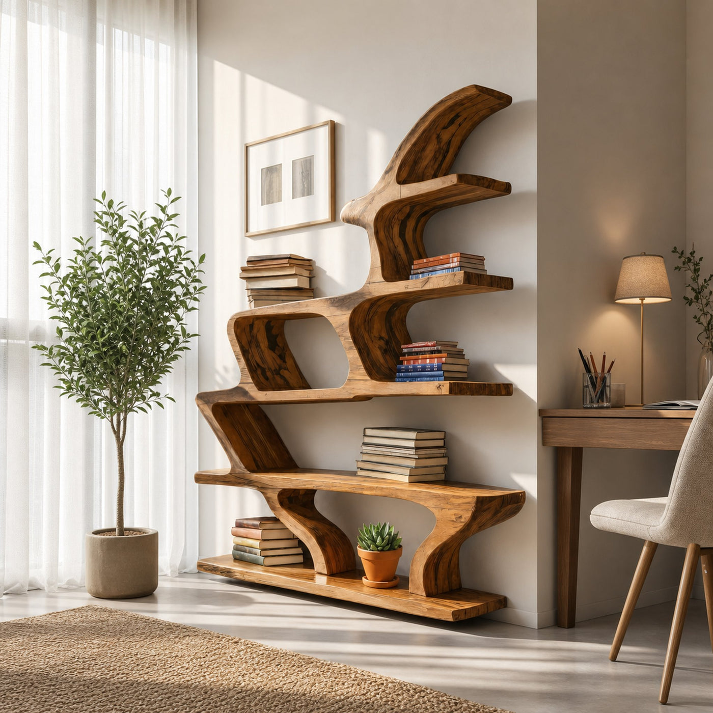 Modern Sculptural Bookshelf With Fluid Shelving For Living Room - product view 6