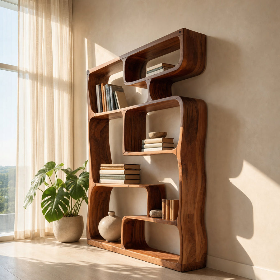 Modern Sculptural Bookshelf With Geometric Design For Living Room
