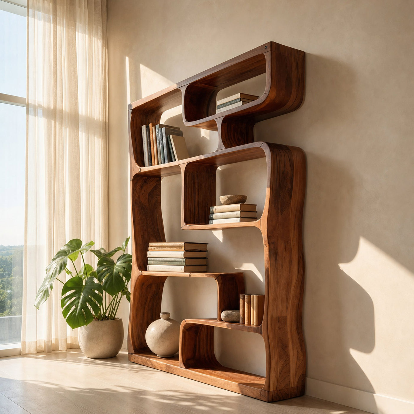 Modern Sculptural Bookshelf With Geometric Design For Living Room